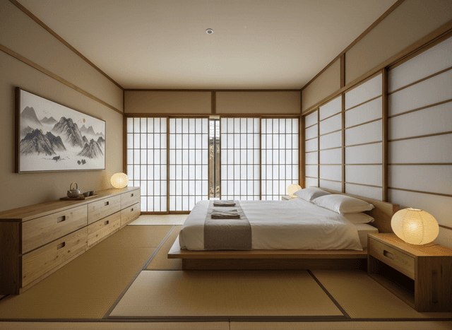 Japanese Design Bedroom interior design - professional japanese design bedroom with sophisticated decor and premium finishes