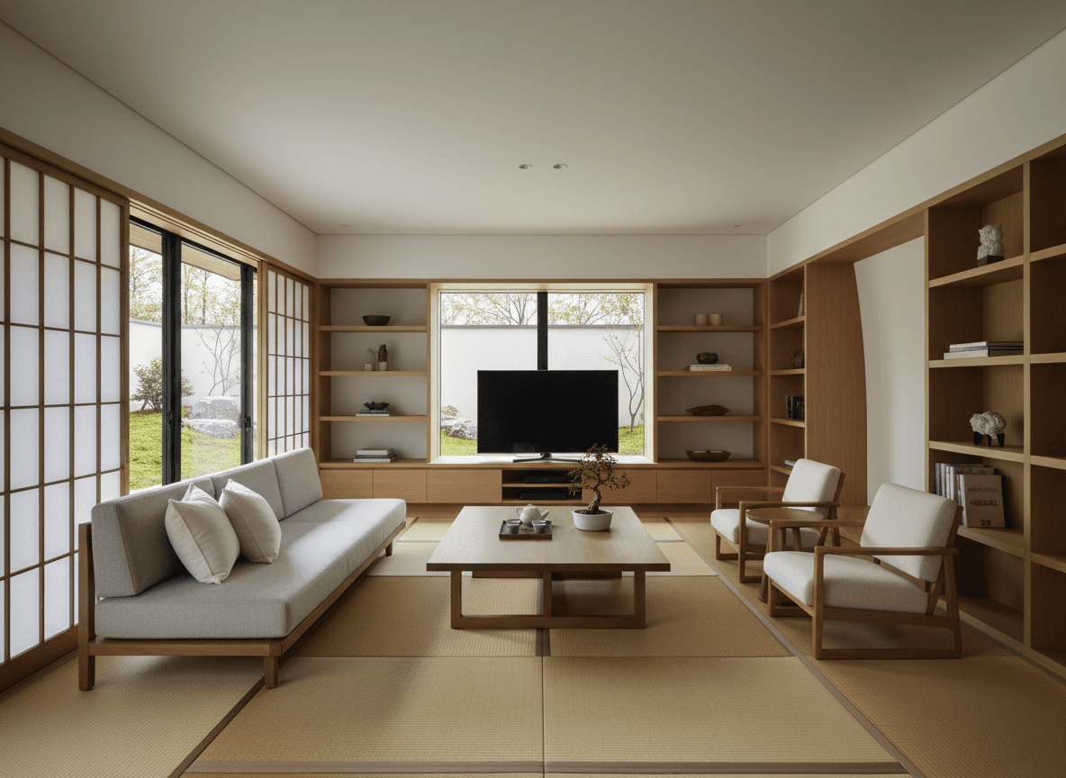 Japanese Design Living Room interior design - professional japanese design living room with sophisticated decor and premium finishes