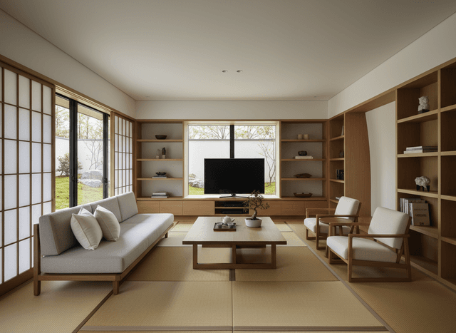 Japanese Design Living Room interior design - professional japanese design living room with sophisticated decor and premium finishes