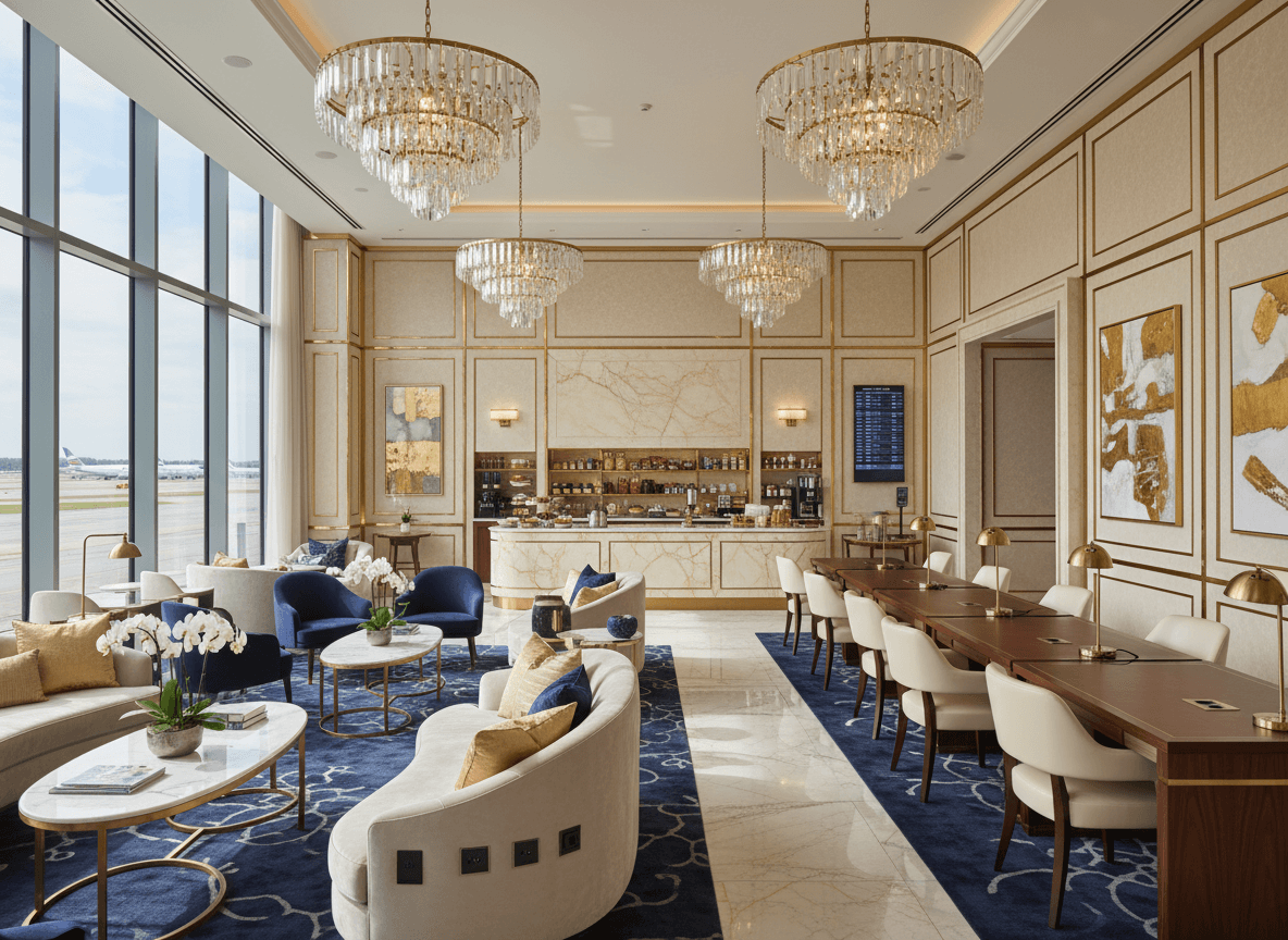 Luxury Airport Lounge interior design - professional luxury airport lounge with sophisticated decor and premium finishes