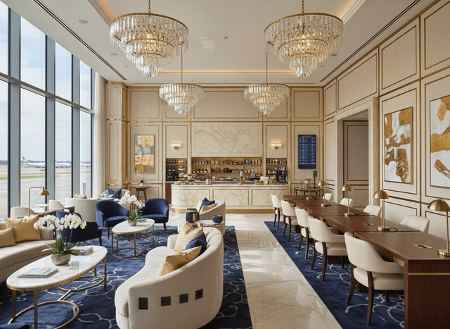 Luxury Airport Lounge interior design - professional luxury airport lounge with sophisticated decor and premium finishes