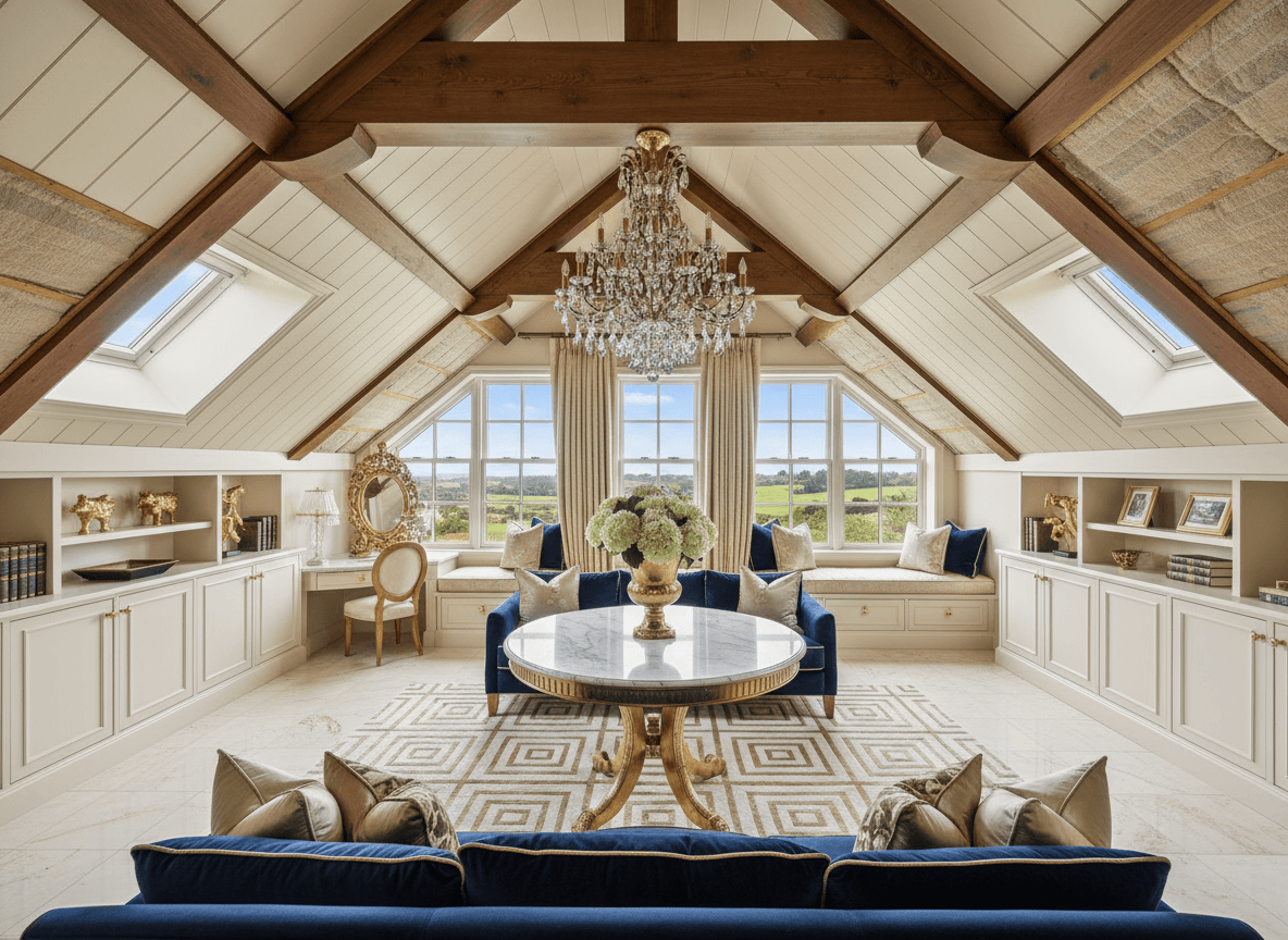 Luxury Attic interior design - professional luxury attic with sophisticated decor and premium finishes