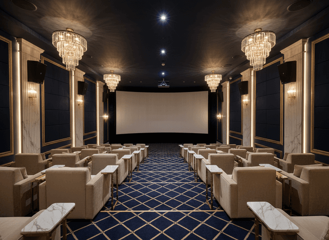 Luxury Cinema interior design - professional luxury cinema with sophisticated decor and premium finishes