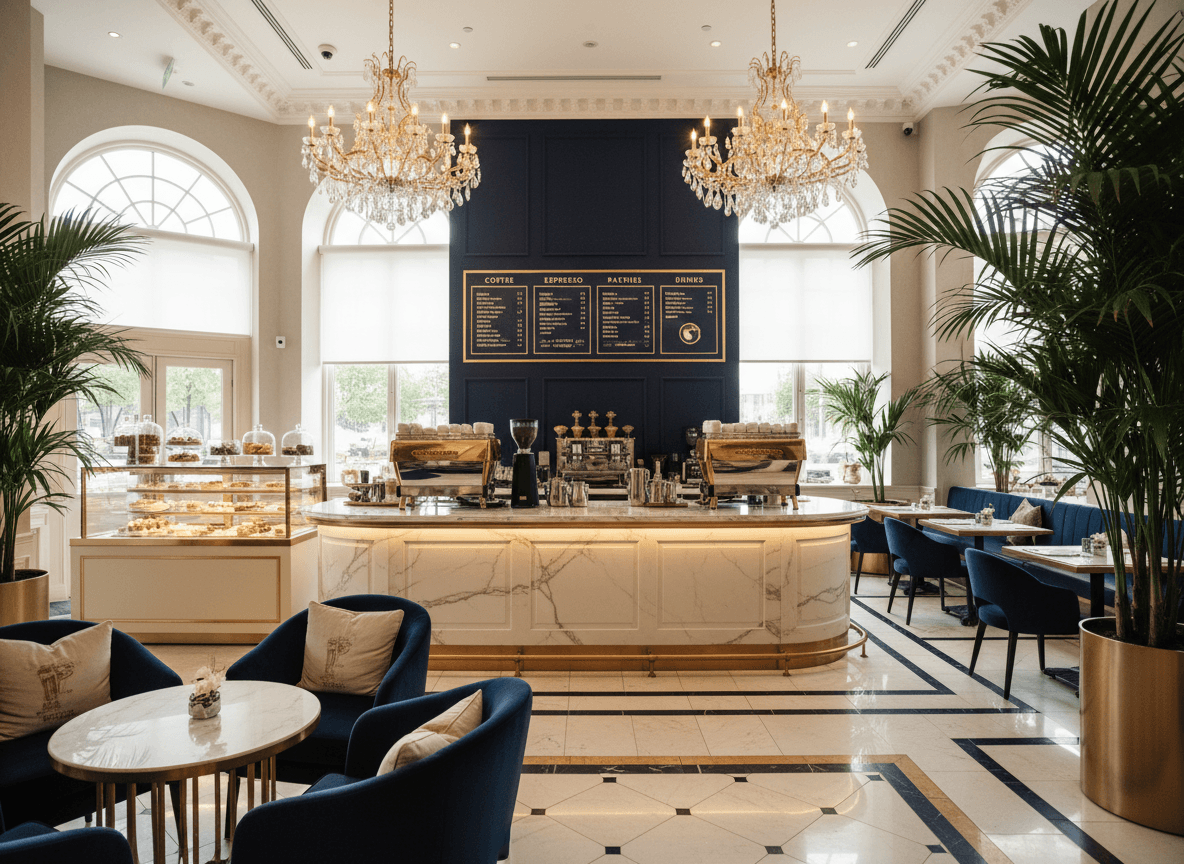 Luxury Coffee Shop interior design - professional luxury coffee shop with sophisticated decor and premium finishes