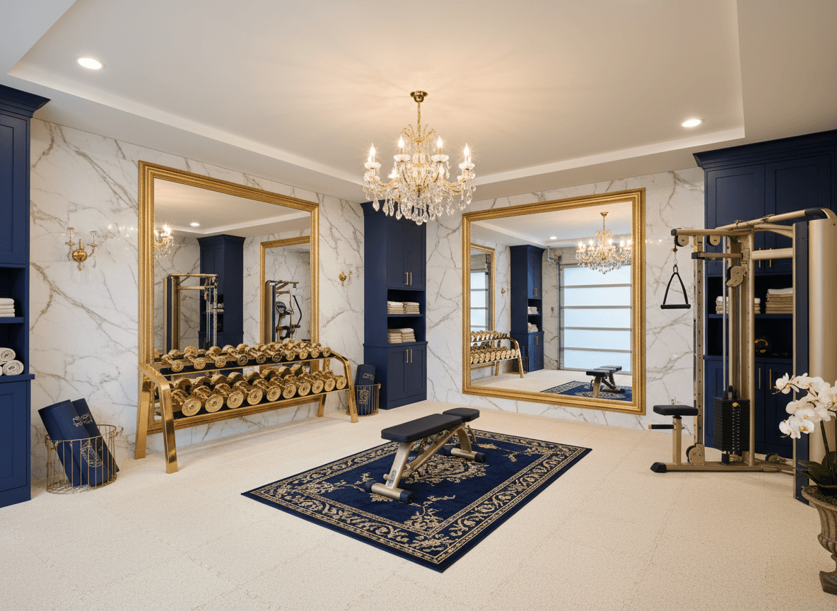 Luxury Garage Gym interior design - professional luxury garage gym with sophisticated decor and premium finishes