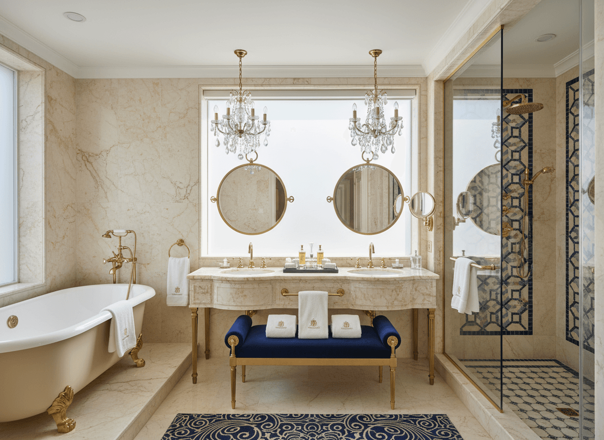 Luxury Hotel Bathroom interior design - professional luxury hotel bathroom with sophisticated decor and premium finishes
