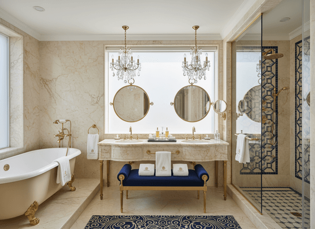 Luxury Hotel Bathroom interior design - professional luxury hotel bathroom with sophisticated decor and premium finishes