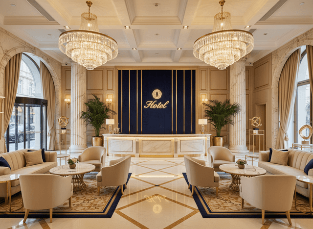 Luxury Hotel Lobby interior design - professional luxury hotel lobby with sophisticated decor and premium finishes
