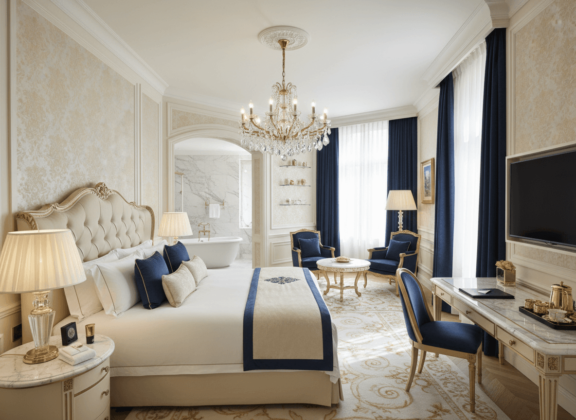 Luxury Hotel Room interior design - professional luxury hotel room with sophisticated decor and premium finishes