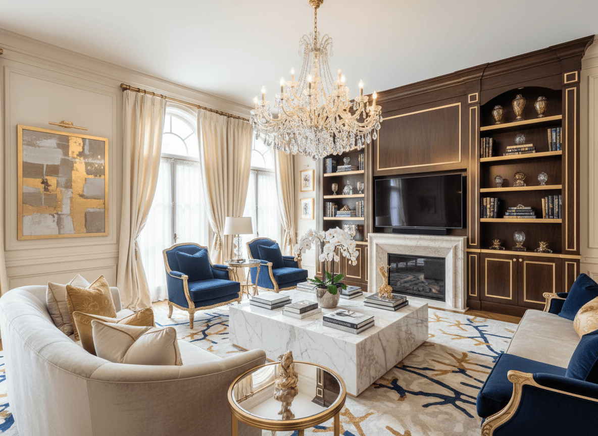 Luxury Living Room interior design - professional luxury living room with sophisticated decor and premium finishes