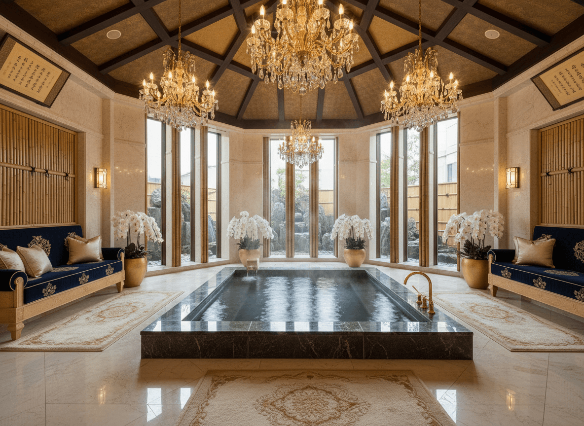 Luxury Onsen interior design - professional luxury onsen with sophisticated decor and premium finishes