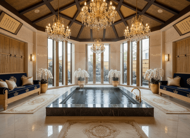 Luxury Onsen interior design - professional luxury onsen with sophisticated decor and premium finishes