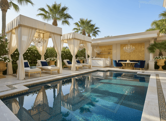 Luxury Outdoor Pool Area interior design - professional luxury outdoor pool area with sophisticated decor and premium finishes