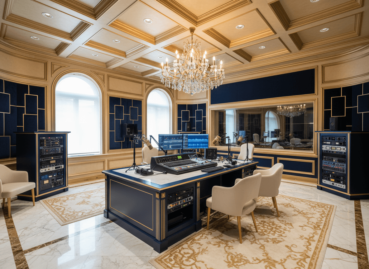 Luxury Podcast Studio interior design - professional luxury podcast studio with sophisticated decor and premium finishes