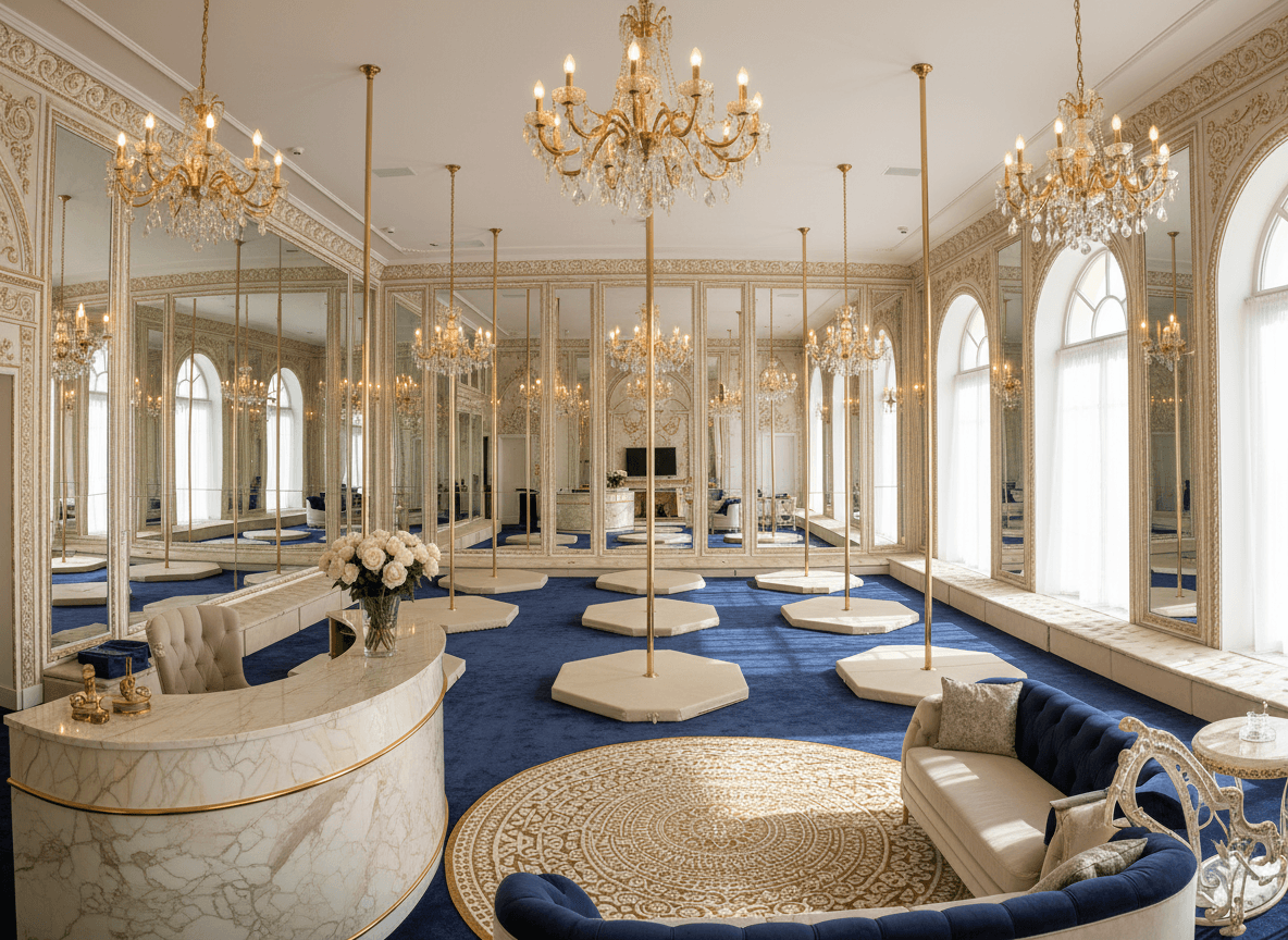 Luxury Pole Dance Studio interior design - professional luxury pole dance studio with sophisticated decor and premium finishes