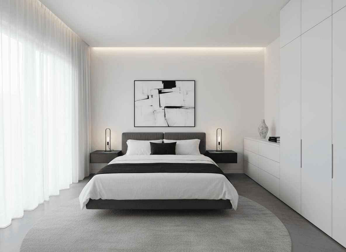 Minimalist Bedroom interior design - professional minimalist bedroom with sophisticated decor and premium finishes