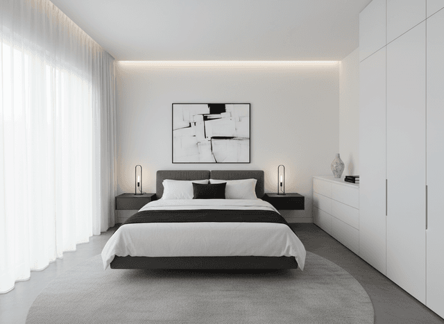 Minimalist Bedroom interior design - professional minimalist bedroom with sophisticated decor and premium finishes