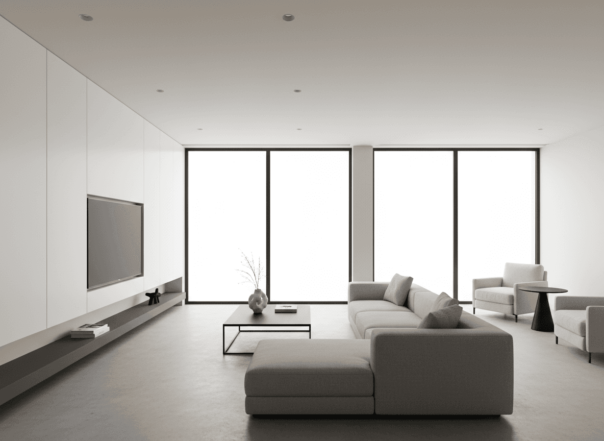 Minimalist Living Room interior design - professional minimalist living room with sophisticated decor and premium finishes
