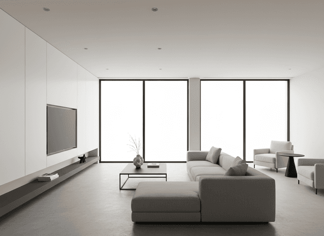 Minimalist Living Room interior design - professional minimalist living room with sophisticated decor and premium finishes