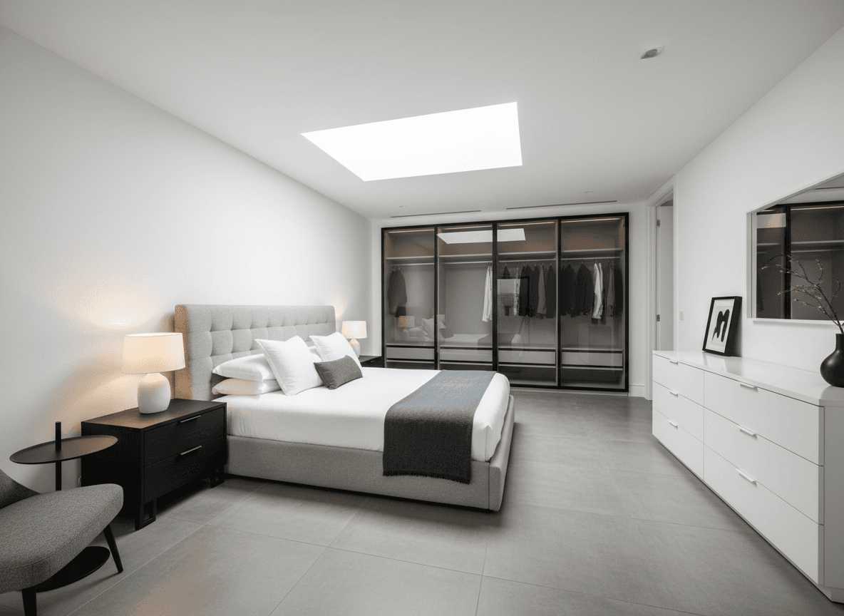 Modern Bedroom interior design - professional modern bedroom with sophisticated decor and premium finishes