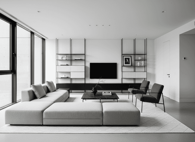 Modern Living Room interior design - professional modern living room with sophisticated decor and premium finishes