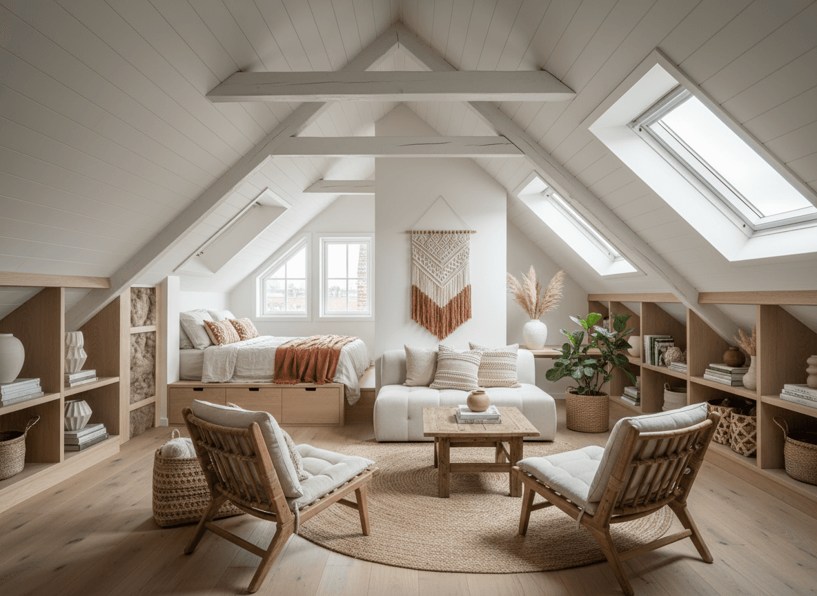 Modern Boho Attic interior design - professional modern boho attic with sophisticated decor and premium finishes