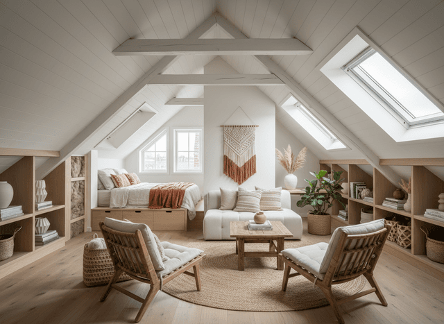 Modern Boho Attic interior design - professional modern boho attic with sophisticated decor and premium finishes