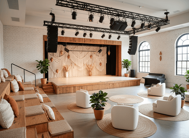 Modern Boho Auditorium interior design - professional modern boho auditorium with sophisticated decor and premium finishes