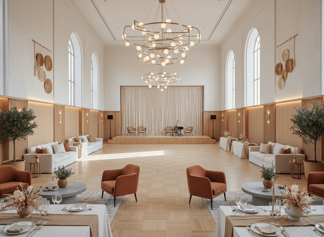 Modern Boho Ballroom interior design - professional modern boho ballroom with sophisticated decor and premium finishes