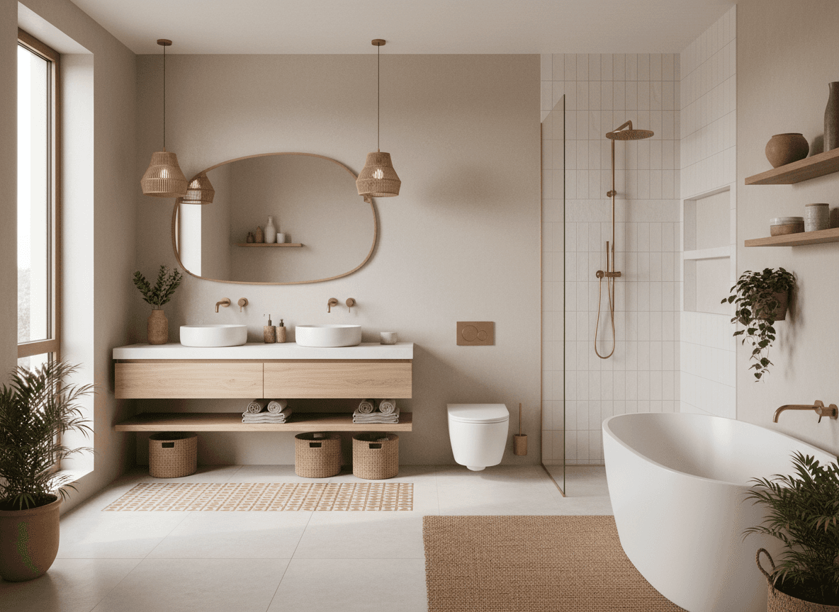 Modern Boho Bathroom interior design - professional modern boho bathroom with sophisticated decor and premium finishes
