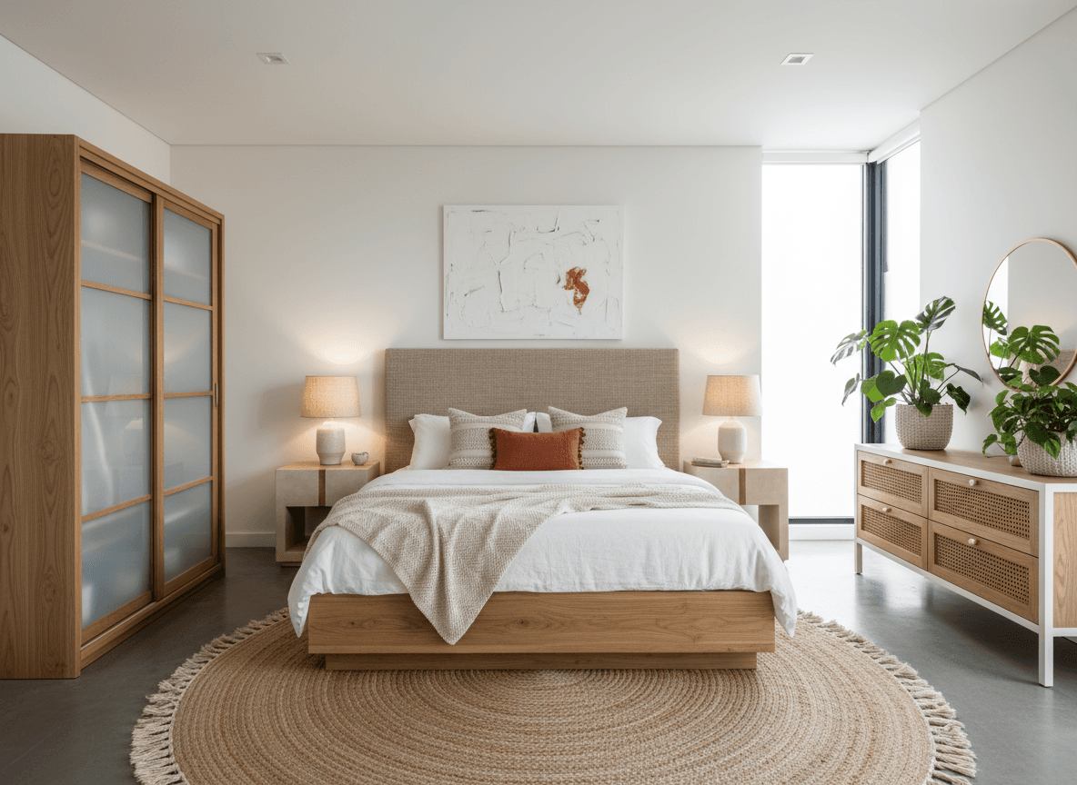 Modern Boho Bedroom interior design - professional modern boho bedroom with sophisticated decor and premium finishes