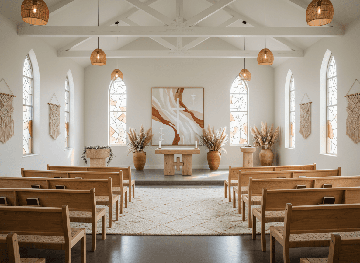 Modern Boho Church interior design - professional modern boho church with sophisticated decor and premium finishes