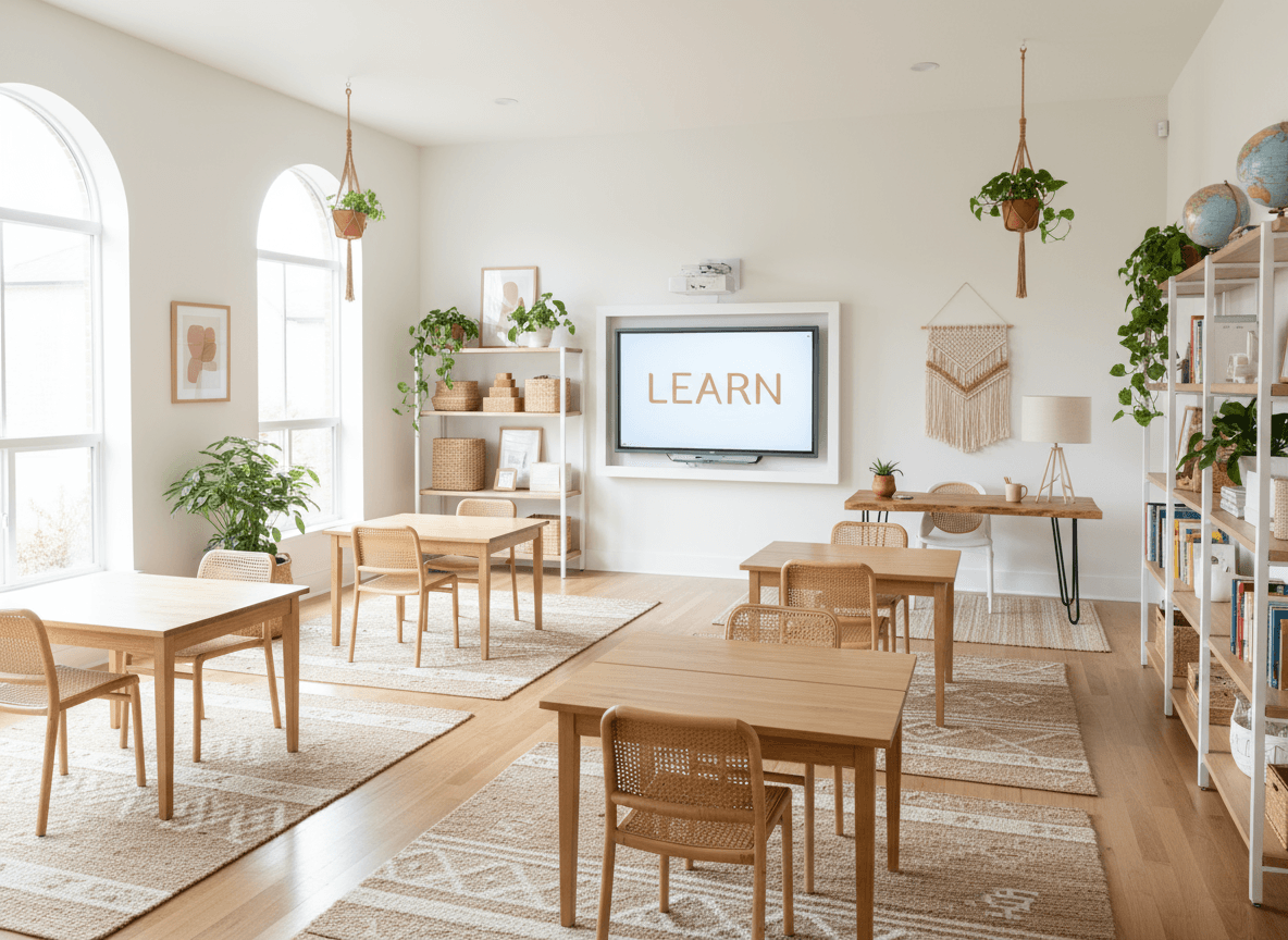 Modern Boho Classroom interior design - professional modern boho classroom with sophisticated decor and premium finishes