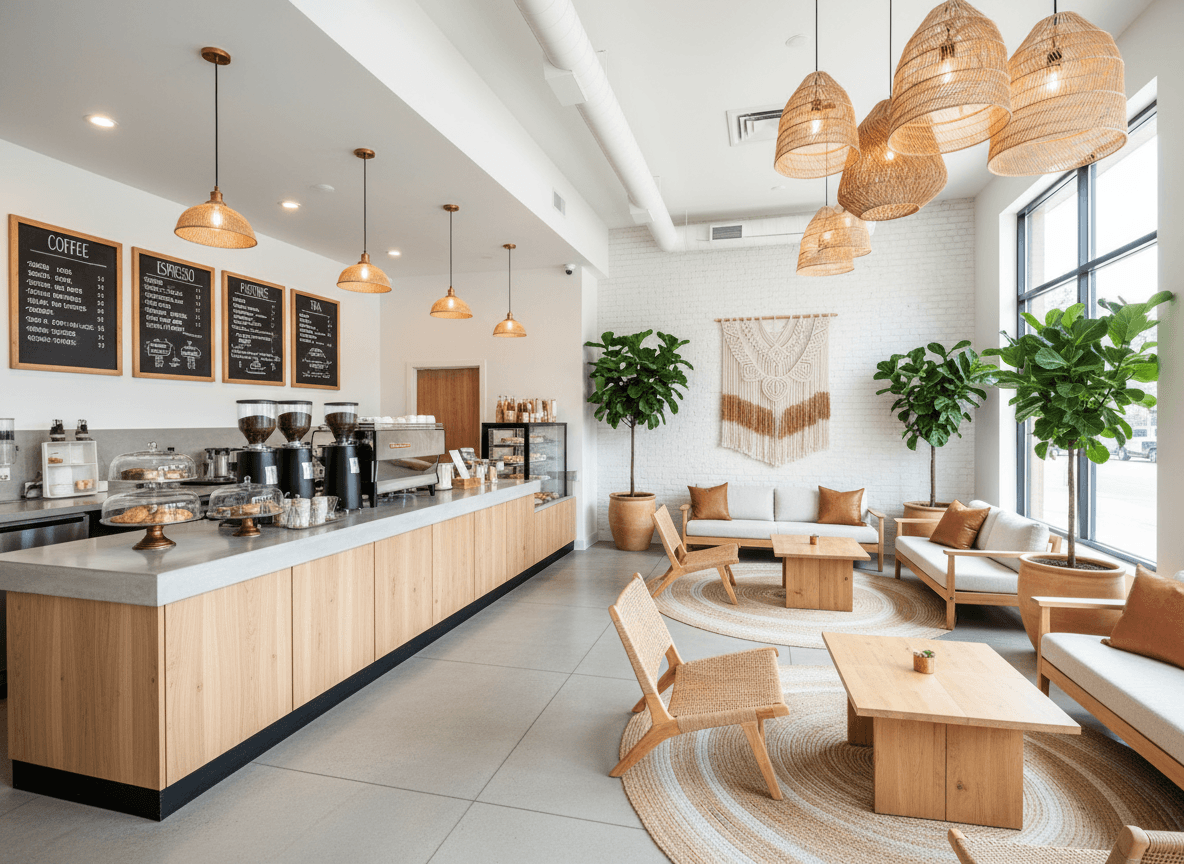 Modern Boho Coffee Shop interior design - professional modern boho coffee shop with sophisticated decor and premium finishes
