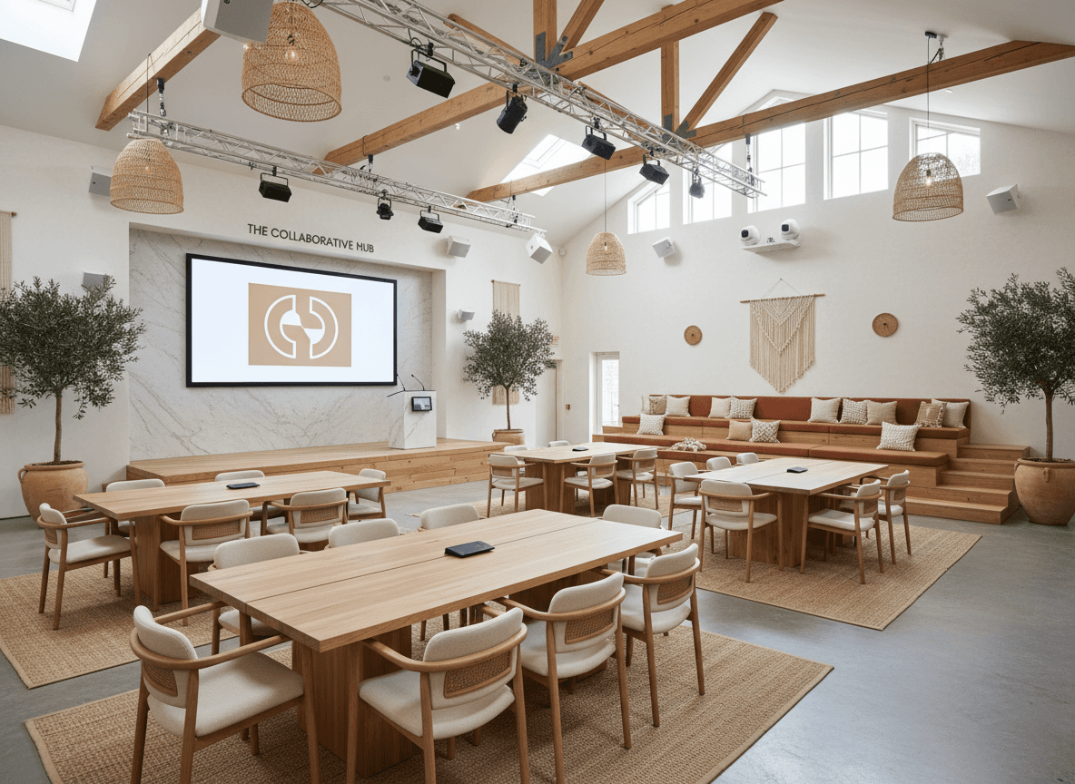 Modern Boho Conference Hall interior design - professional modern boho conference hall with sophisticated decor and premium finishes