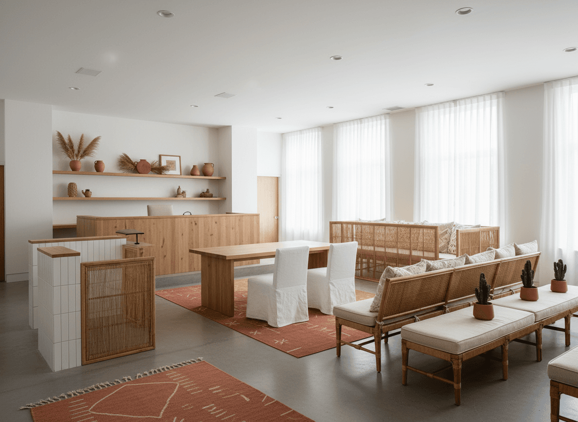 Modern Boho Courtroom interior design - professional modern boho courtroom with sophisticated decor and premium finishes