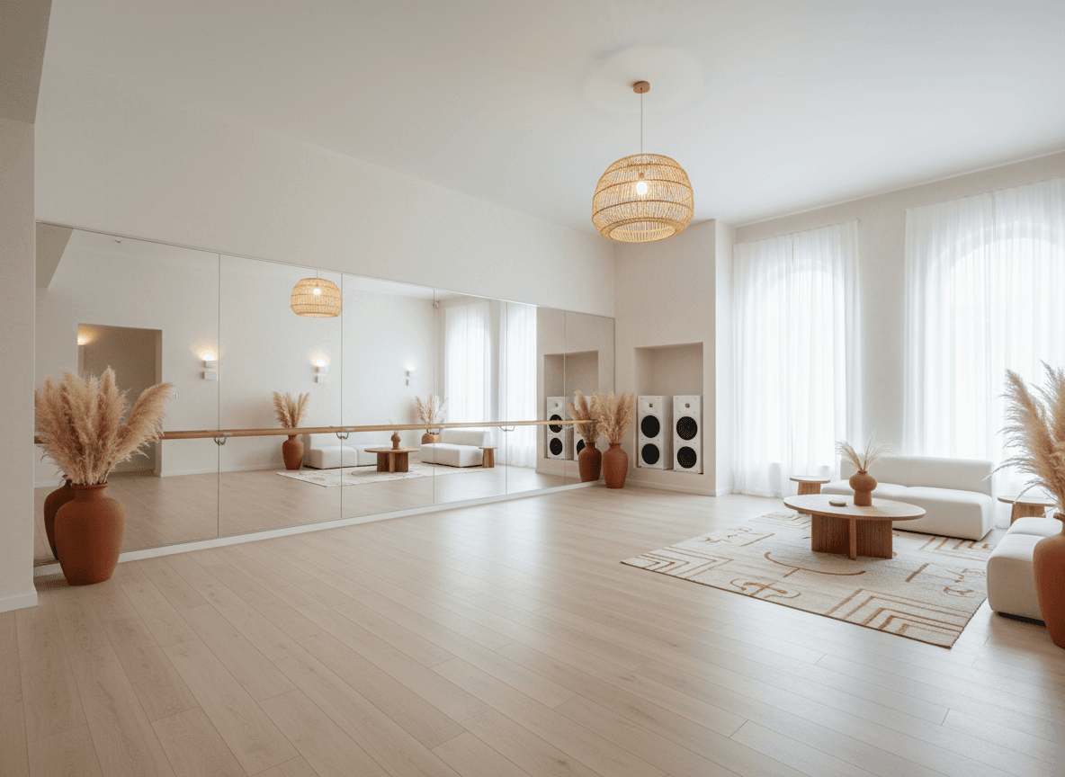 Modern Boho Dance Studio interior design - professional modern boho dance studio with sophisticated decor and premium finishes