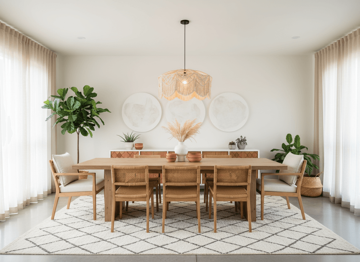 Modern Boho Dining Room interior design - professional modern boho dining room with sophisticated decor and premium finishes