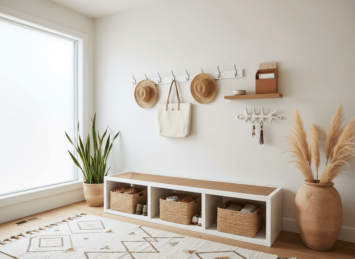 Modern Boho Drop Zone interior design - professional modern boho drop zone with sophisticated decor and premium finishes