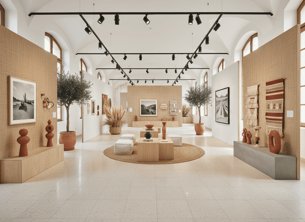 Modern Boho Exhibition Space interior design - professional modern boho exhibition space with sophisticated decor and premium finishes