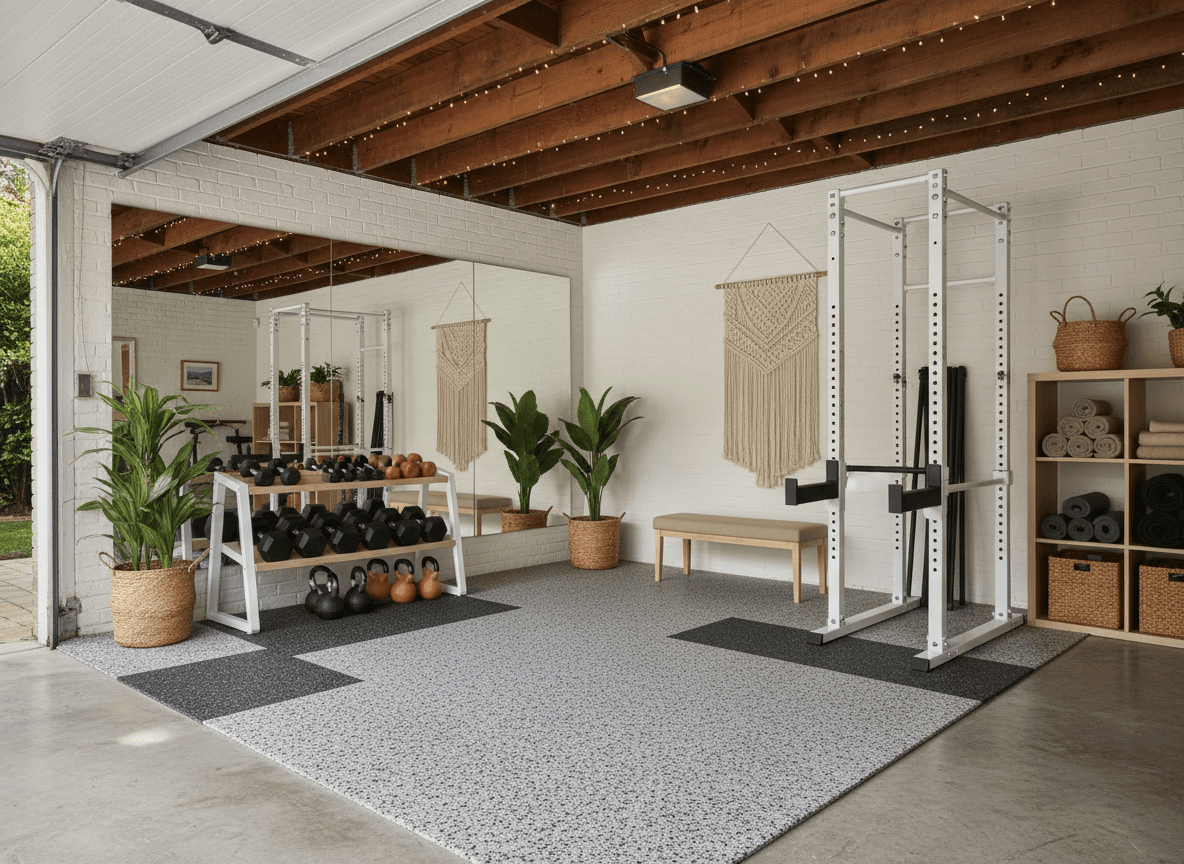 Modern Boho Garage Gym interior design - professional modern boho garage gym with sophisticated decor and premium finishes