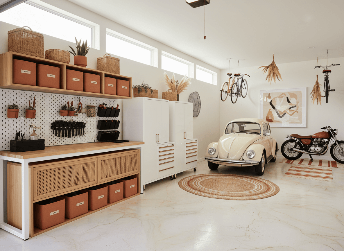 Modern Boho Garage interior design - professional modern boho garage with sophisticated decor and premium finishes