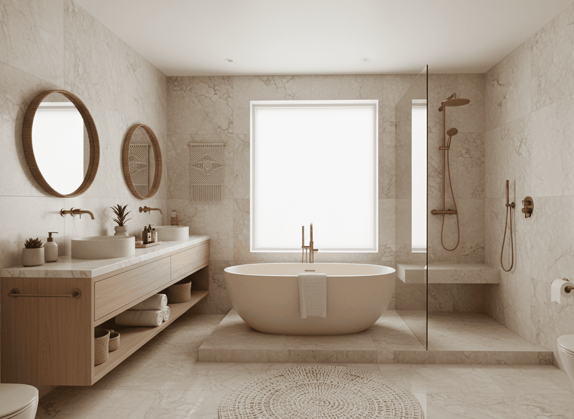 Modern Boho Hotel Bathroom interior design - professional modern boho hotel bathroom with sophisticated decor and premium finishes