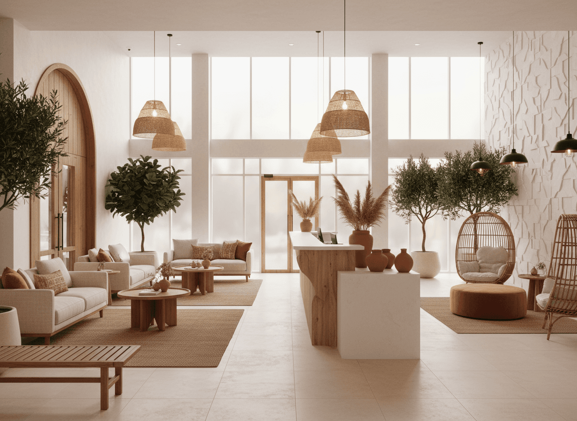 Modern Boho Hotel Lobby interior design - professional modern boho hotel lobby with sophisticated decor and premium finishes
