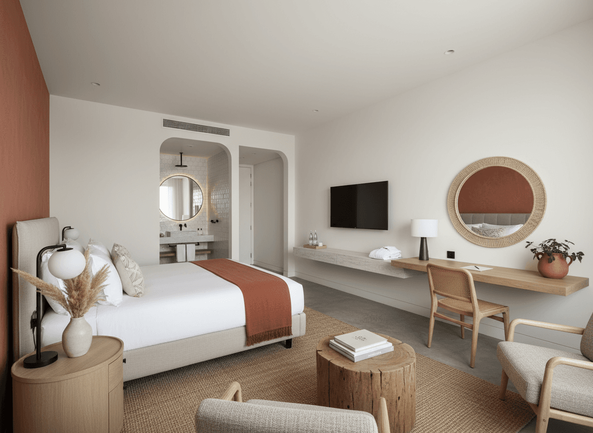 Modern Boho Hotel Room interior design - professional modern boho hotel room with sophisticated decor and premium finishes