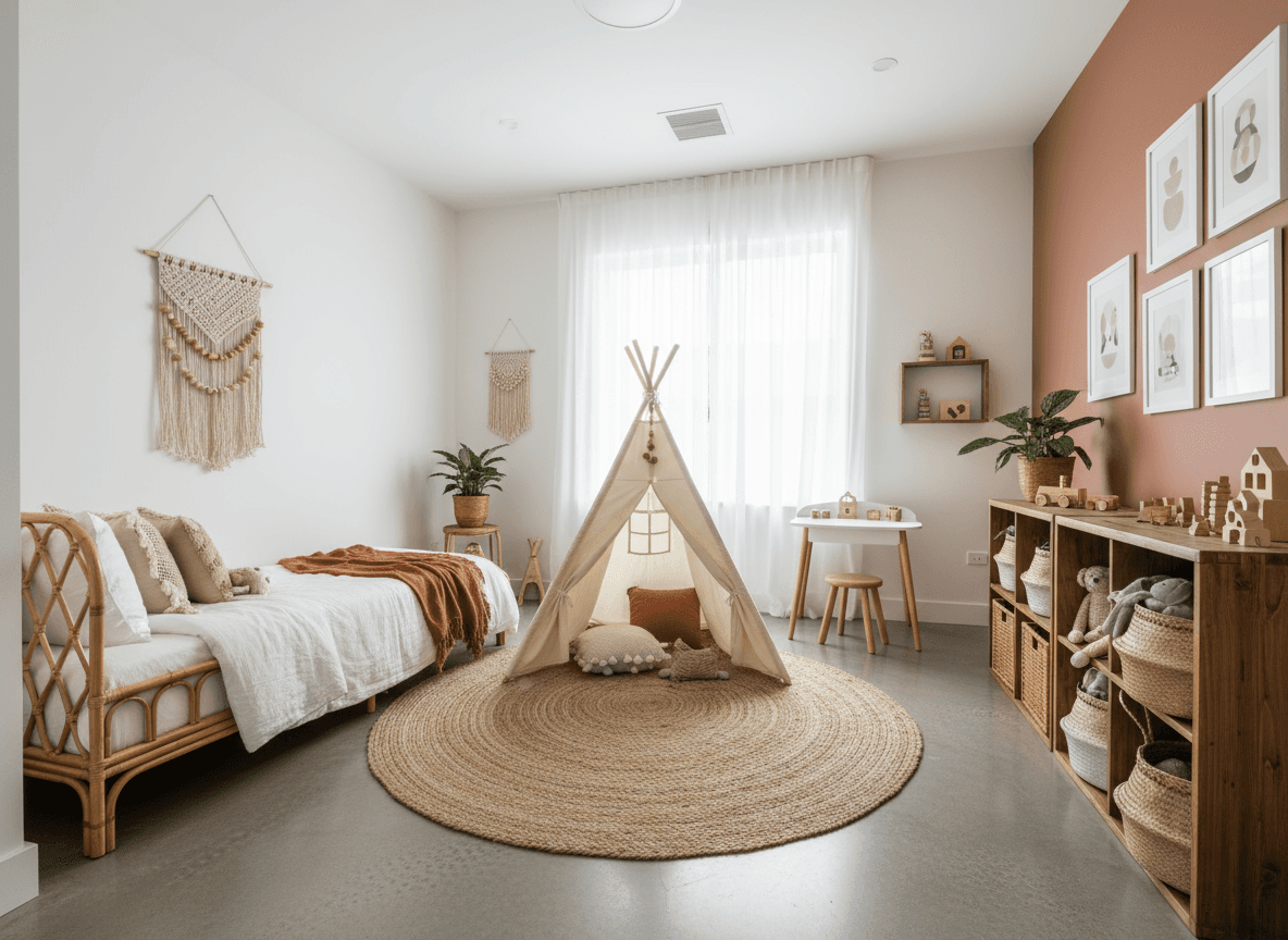 Modern Boho Kids Room interior design - professional modern boho kids room with sophisticated decor and premium finishes