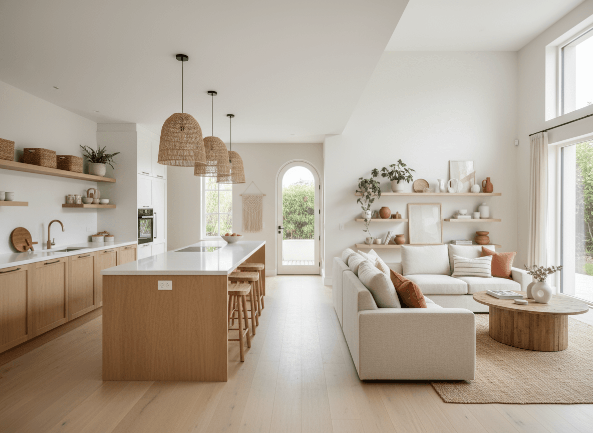Modern Boho Kitchen Living Combo interior design - professional modern boho kitchen living combo with sophisticated decor and premium finishes