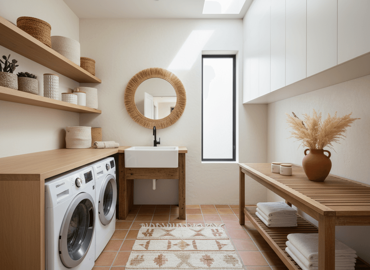 Modern Boho Laundry Room interior design - professional modern boho laundry room with sophisticated decor and premium finishes