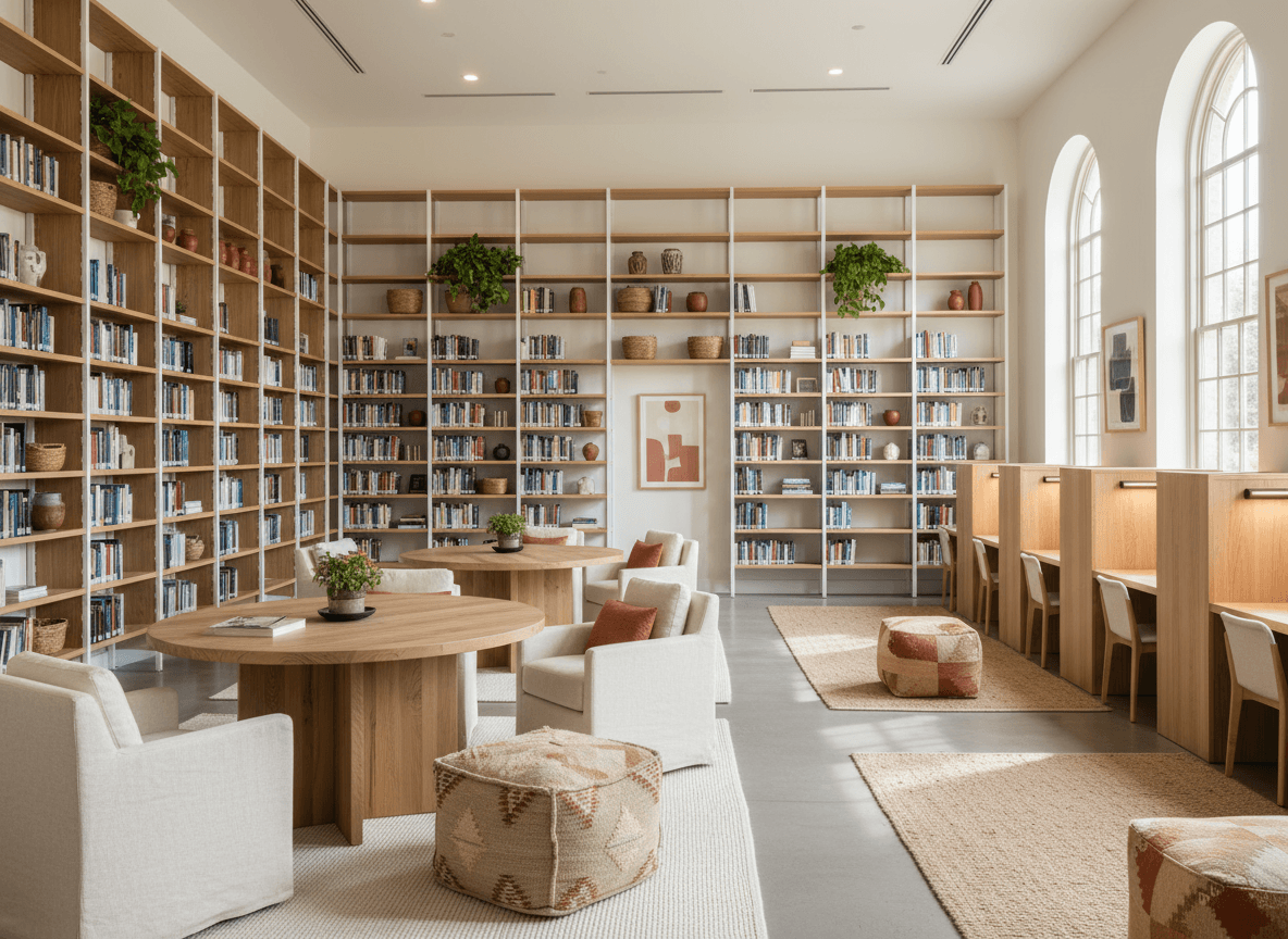 Modern Boho Library interior design - professional modern boho library with sophisticated decor and premium finishes
