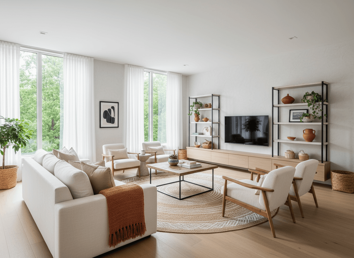 Modern Boho Living Room interior design - professional modern boho living room with sophisticated decor and premium finishes